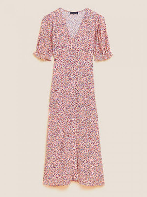 Floral V Neck Puff Dress